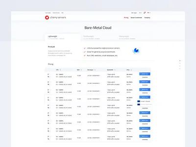 Cherryservers Pricing clean ui ux cloud computing compare market custom reserved elastic bare metal cloud light server features pricing web design services