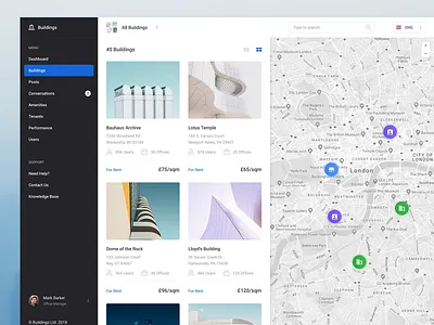Buildings - Search / Browsing airbnb app apps dark dashboard map menu profile realtime results search web