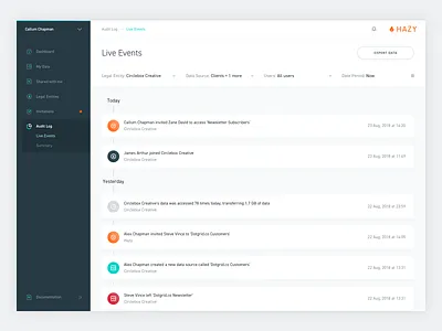 Hazy: Audit Log - Live Events audit data gdpr live events notifications security sidebar ui design user interface
