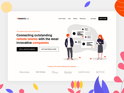 RemoteLists - Landing Page 2d clean companies creative design developers freelance hire homepage illustration jobs landing landing page listing logo remote ui ux web website