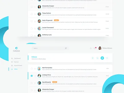 Calipso Medical App Inbox app bright clean concept dashboard design desktop elegant inbox interface layout material message minimal page saas screen table ui ux