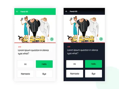Learn language with quiz android app application dark design language learn neat question quiz ui user interface ux white