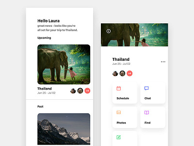 Group Trip Planner app destination discover friends list mobile plan schedule travel ui
