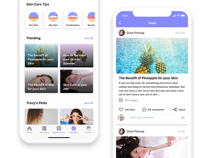 TroveSkin Feed app articles beauty cards discover face feed icon illustration ios iphone mobile app post skin timeline ui ui design ux ux design