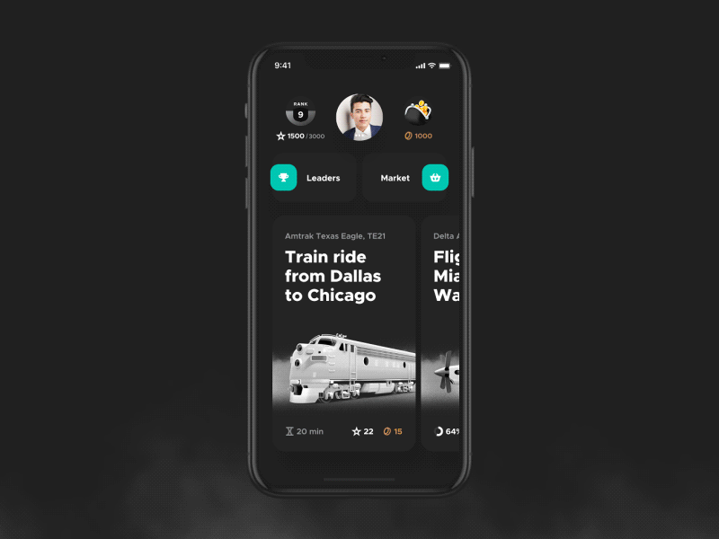Trip Survey App animation app audit car cards dark flight gamification gif illustrations mobile questions survey train travel trip