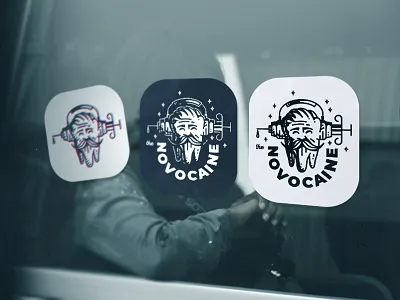The Novocaine Stickers branding character emblem flat graphic design icon identity illustration linework logo logotype mark sticker teeth tooth typography ui ux vector vintage