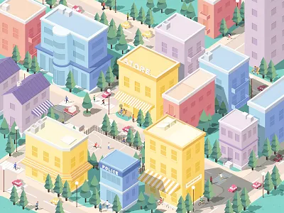 crossroads 2.5d city street crossroads illustration police sports store