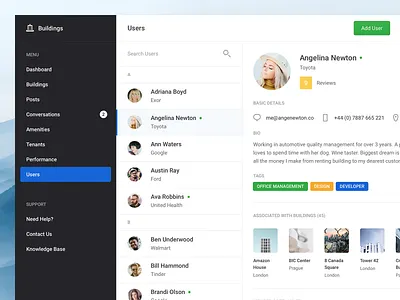 Buildings - Users (Dashboard UI Kit 3.0) address address book dark dashboard design kit profile stats ui users web