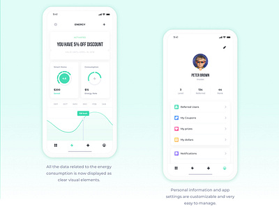 Clean Green Energy App activity analysis consumption coupons discount followers iphonex prize profile rate statics ui ux