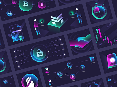 Online Trading and Blockchain Illustrations bitcoin blockchain ethereum graphics illustrations neon science trading