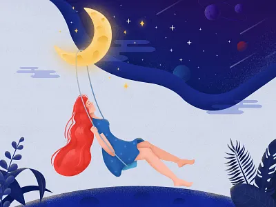 Swinging girl blue drawing girl illustration moon plant space swing