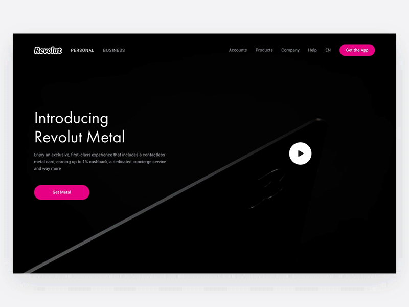 Revolut Metal website 3d animation banking black clean desktop digitaldesign interaction design landing mastercard metal card minimal minimal card minimalism principle revolut user interface web webdesign website