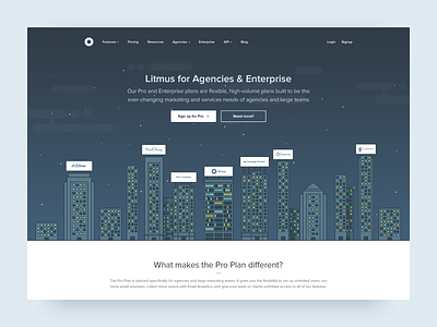 Litmus for Agencies & Enterprise city enterprise flat flat design illustration landing page litmus night simple skyline stars