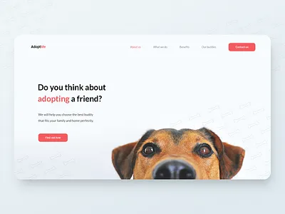 First look on AdoptMe site 🐶 adopt app bone buddy cat challenge cta design dog home landing page pet start start screen start up typography ui ux webdesign
