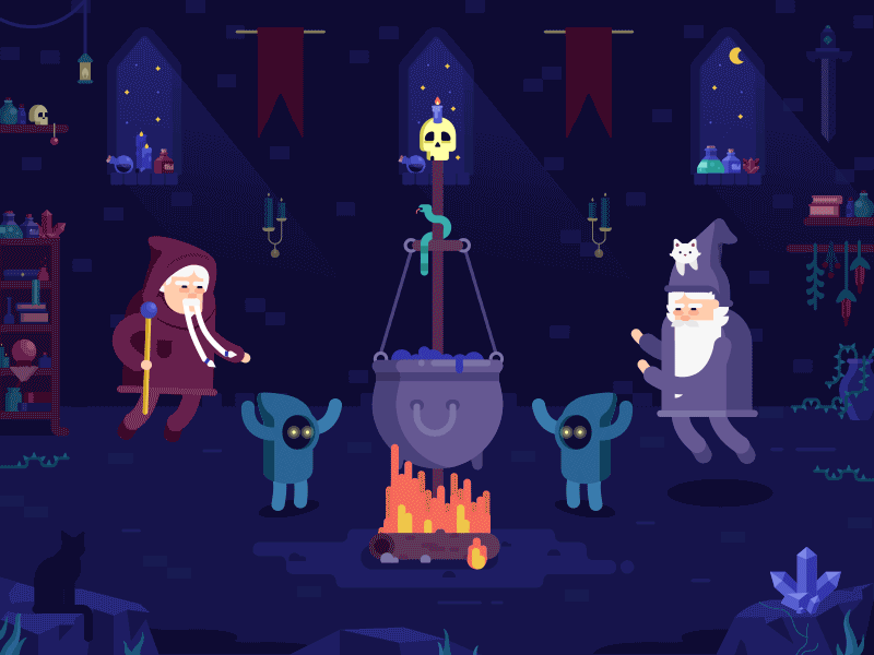 Just some wizard dudes animation castle characters dark gif illustration magic magic wand potion snakes wizard wizards