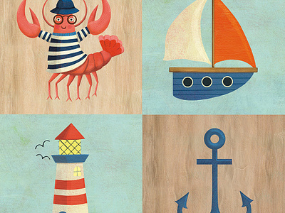 Summer seaside icons for Milledeux anchor coastal icons lighthouse lobster nantucket nautical sailboat seaside summer surface design