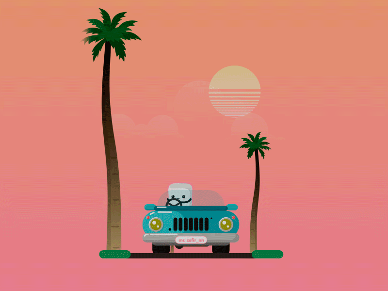mr. zefir animation car glare marshmello night palm road sunset