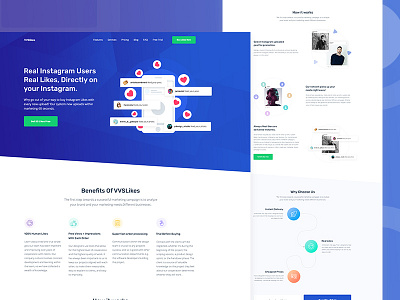 Instagram Likes Buy Sell Landing Page blue clean colorful elegant flat gradient icon illustration instagram landing landing page likes simple typography ui ux vector vvslikes web website