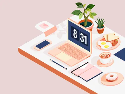 Business Breakfast breakfast clock coffee flower illustration iphone isometric macbook mail notebook pencil plant vector