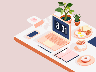 Business Breakfast breakfast clock coffee flower illustration iphone isometric macbook mail notebook pencil plant vector