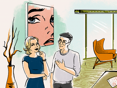 Couple chair drawing illustration midcentury painting