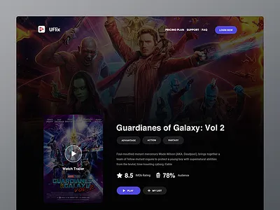 Movie website single page design application app detail single page description interaction play trailer interface experience logo typography movie online stream hollywood slide poster video hero tv dark black ui ux user web website webdesign