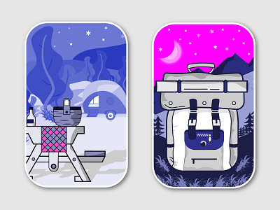 Travel Illustration 2 backpack basket bottle caravan escape illustration landscape moon mountains nature picnic pines sky stars table trailer travel trees wild wine