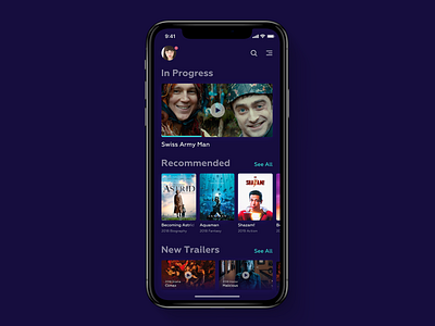 Movie App app cinema clean app concept dark ui films iphone x mobile movie player