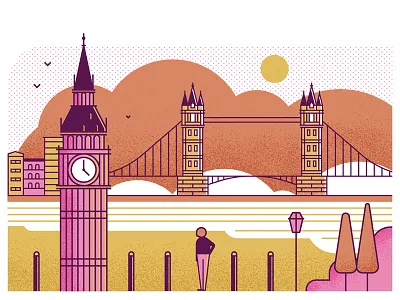 Bike-Share big ben character flat graphic illustration london london bridge river texture vector