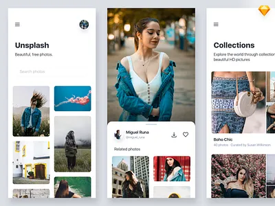 Unsplash Redesign app clean design free freebie image ios11 iphonex minimal mobile photo sharing sketch sketchapp ui ux