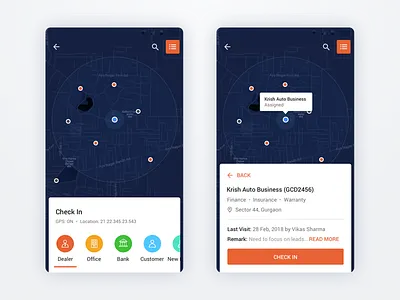 Check-In in Dealer Place App android app color design location map ui ux