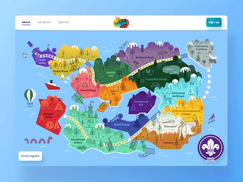 Campsite map animation event festival illustration landing page scouting scouts ui ux vector visual design web