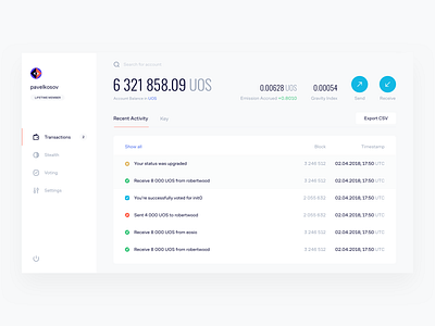 Gravity Wallet for Cryptocurrency account blockchain cofo crypto cryptocurrency dashboard eos gravity minimal pavelkosov product token transactions typography ui ux wallet