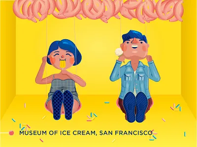 Museum of Ice Cream 2d boy character colorful couple cute design eating flat fun girl graphicdesgn ice cream illustration illustrator love play popsicle swing yellow