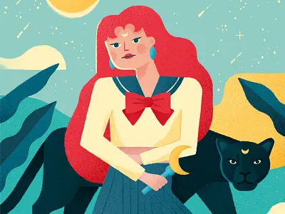 Sailor Moon exhibition anime artwork ginger girl illustration magic moon nature panther sailor moon vintage wild