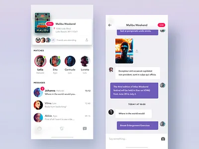 Chat for a video dating app app camera chat clean clean app design dating dating app design event friends inteface ios messenger network sketch social typography ui ux white