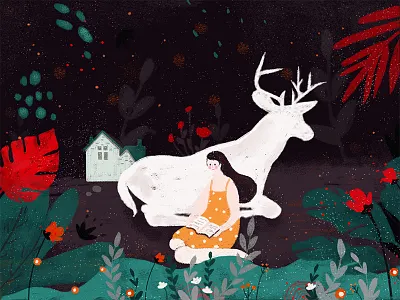 Stag and Girl deer design flower girl green illustration plant red small house