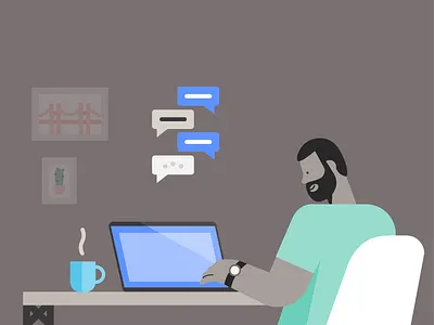 Self-portrait art bubbles chat coffee computer desk digital flat design illustration interface laptop message office self portrait