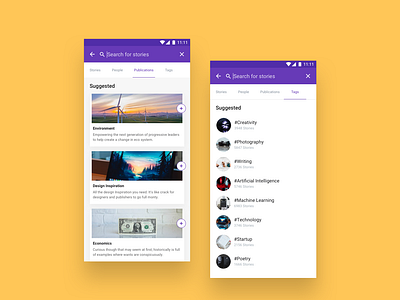 Search suggestion screen android appdesign article cards feed ios material mobile publication reading search tags uiux writing