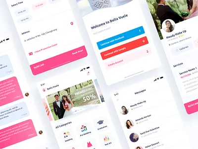 Beauty Services App Concept - Bellavuele UI app card card list chat clean makeup makeup artist messages mobile app pink services app wedding wedding app wedding services