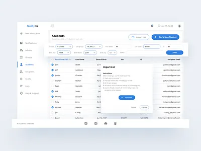 NotifyMe 2 account admin dashboard design filter interface notification panel popup product settings shadow statistics stats table ui uiux user ux website