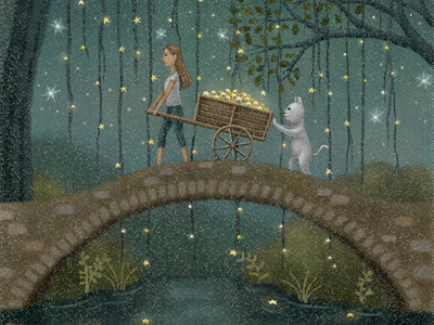 Across The Bridge artwork bookcover cat children books fairytale illustration illustration art night painting star starry starry sky storybook