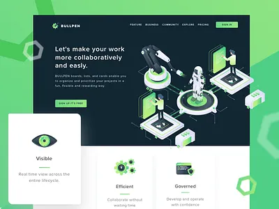 Bullpen - Work Collaboration Header Website 3d character collaboration design future green header icon illustration isometric landingpage robotic ui ux vector web website work