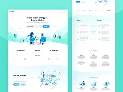 4NEW Landing Page 4new landing page design clean minimal illustrations crypto mining blockchain electricity ico page green blue white colors kwatt crypto coin people green enviroment ui ux user experience visual user interface design website redesign