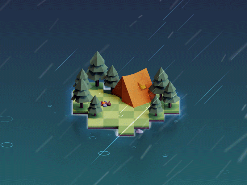 Rainy 3d blender camp isometric lowpoly rain tree water