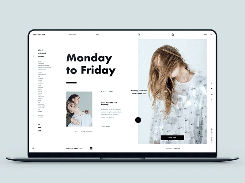 Lookbook :: Interaction animated animation clean fashion fashion blog fashion model fashion shop interaction layout exploration minimal models news online shopping press ui design ui interaction ux design web design weblog website interaction