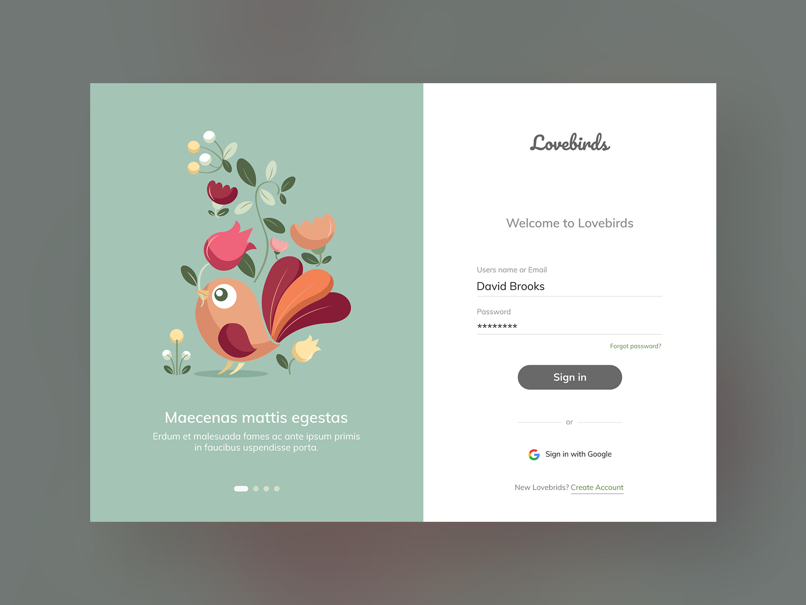 Example of Lovebirds Website Login Design