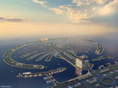 One Palm 3d rendering above view development dubai evening exterior palm