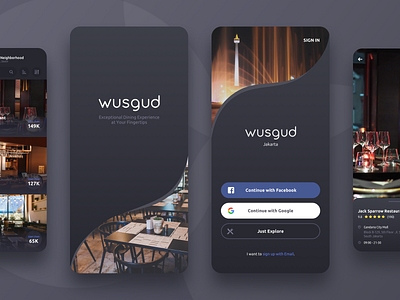 Looking for Restaurant App - Wusgud UI app design dark dark colors dark mode detail view find restaurant jakarta list view mobile dark mobile design restaurant restaurant app restaurant detail restaurant list ui design