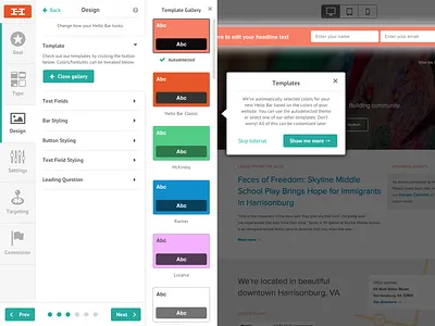Hello Bar Editor app builder creation edit editor input interaction interface menu minimalist navigation template theme theme selection ui ux web app web app design